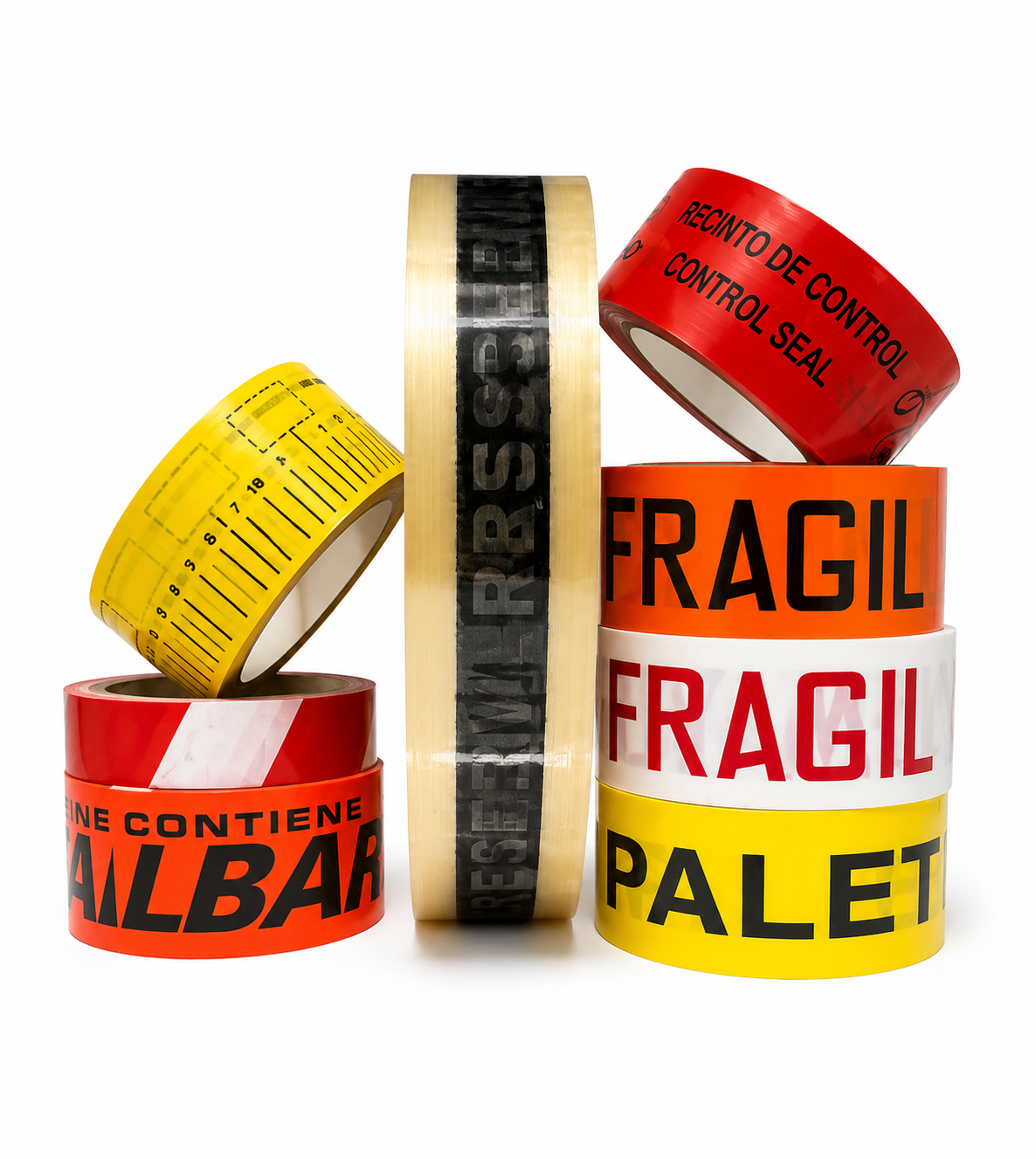Rollos de cinta adhesiva de PVC impresa en rojo, naranja, amarillo y blanco